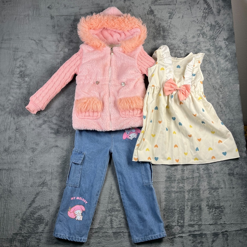 Shein Girls 4-5Y 3Pc Outfit Set Pink Fluffy Jacket Heart Dress My Melody Jeans